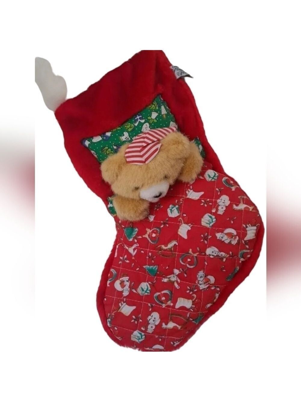 VTG CHRISHA CHRISTMAS STOCKING plush teddy beddy bear nightcap quilted 90's